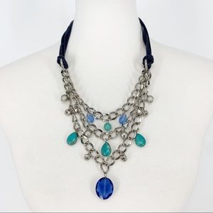 VT Luxe Blue Leather Silver Chain Multi Strand Necklace Teal Crystal Statement